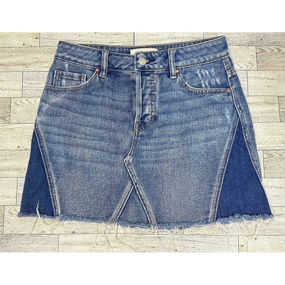 Pacsun Denim Blue Jean MINI skirt Pieced distressed Raw Hem Button fly Sz 25 - Picture 2 of 5